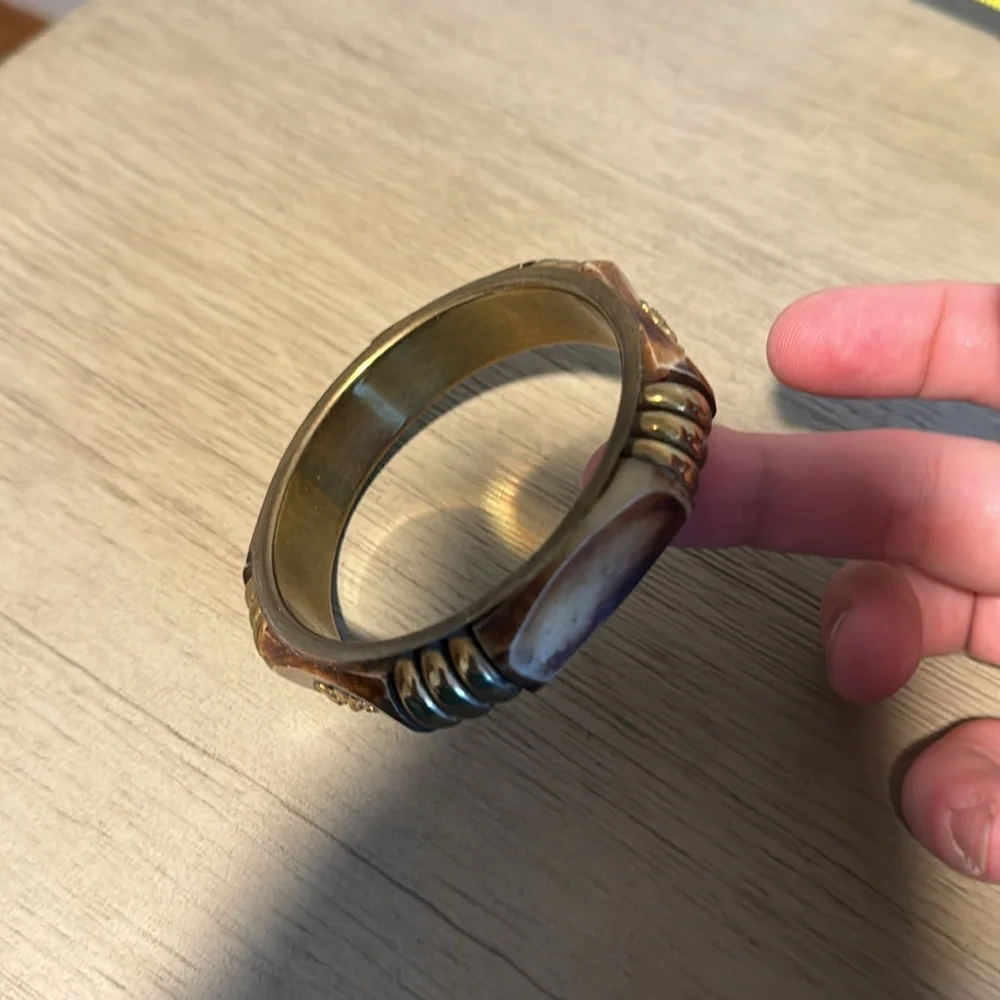 Vintage Plastic Bangle Bracelet, Wood, Metal, Brown, Bronze, Retro, Boho